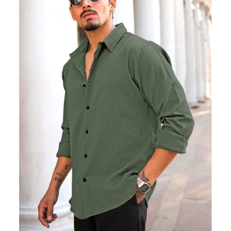 Mayawye Men's Casual Popcorn Self-design Full Sleeve Collar Shirt (Green)