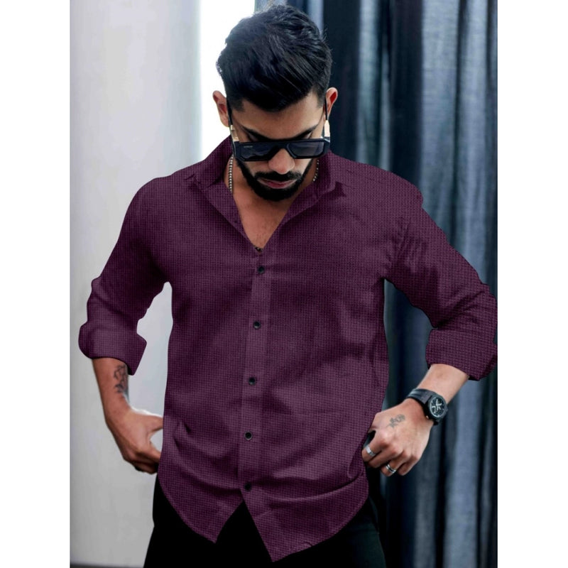 Mayawye Men's Casual PollyCotton Self-design Full Sleeve Collar Shirt (Wine)