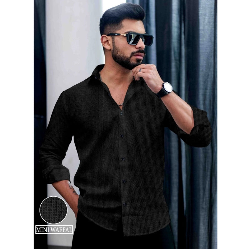 Mayawye Men's Casual PollyCotton Textured Full Sleeve Collar Shirt (Black)
