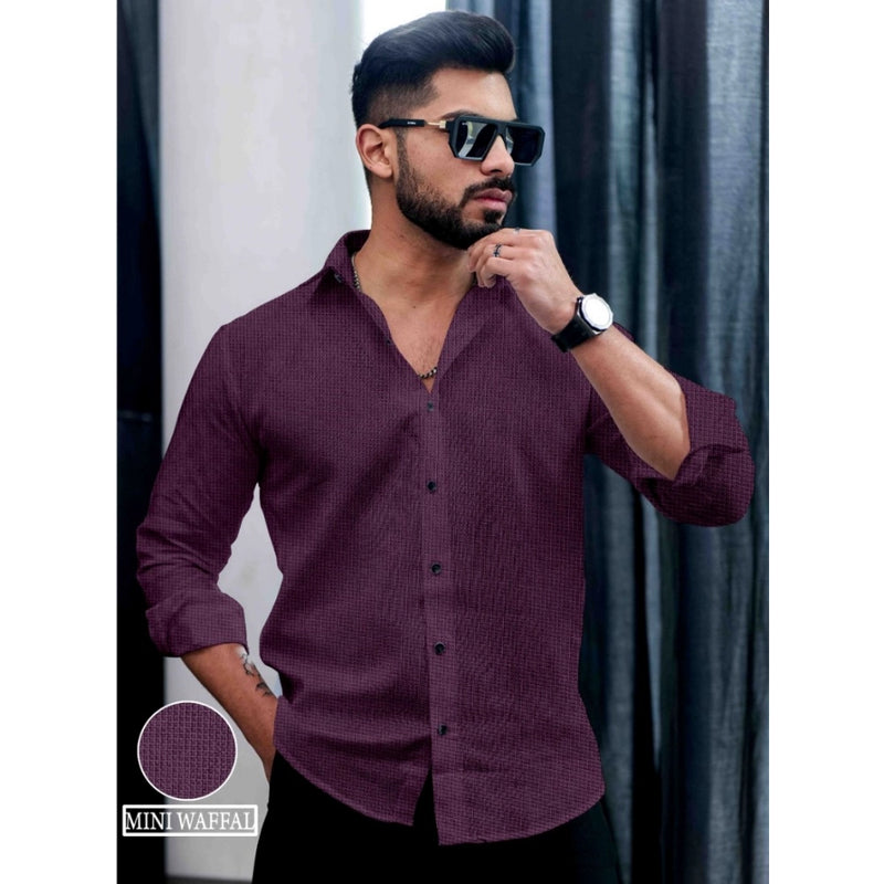 Mayawye Men's Casual PollyCotton Self-design Full Sleeve Collar Shirt (Wine)
