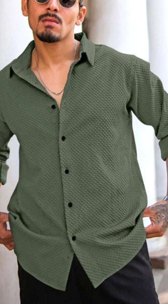 Mayawye Men's Casual Popcorn Self-design Full Sleeve Collar Shirt (Green)