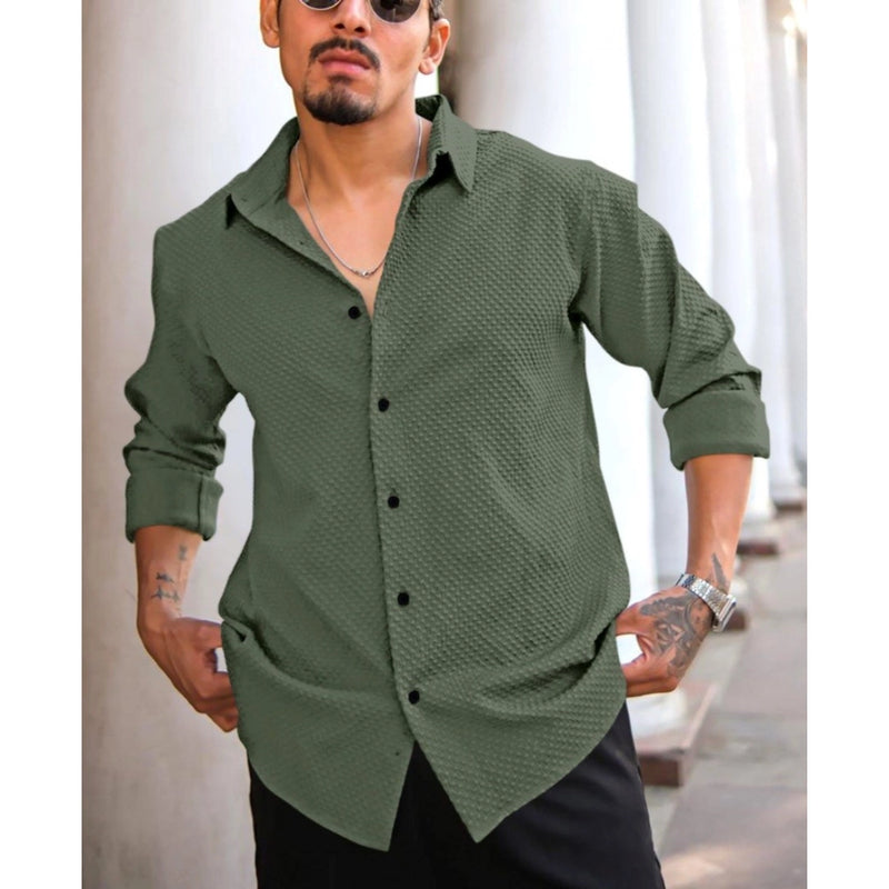 Mayawye Men's Casual Popcorn Self-design Full Sleeve Collar Shirt (Green)