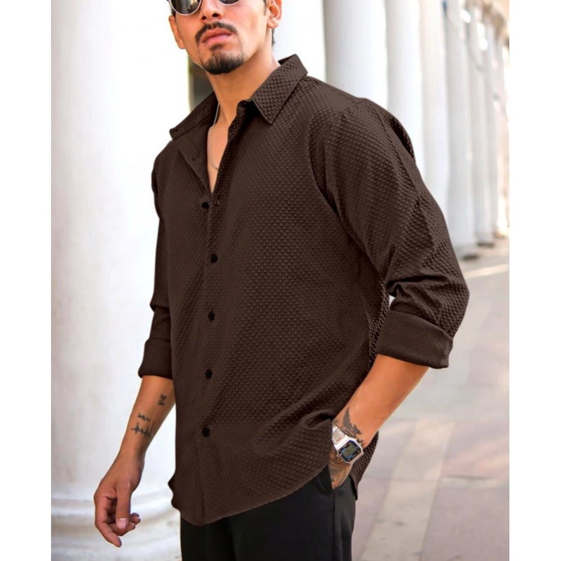 Mayawye Men's Casual Popcorn Self-design Full Sleeve Collar Shirt (Brown)