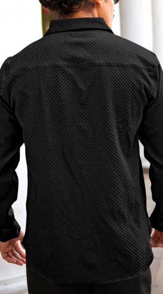 Mayawye Men's Casual Popcorn Self-design Full Sleeve Collar Shirt (Black)