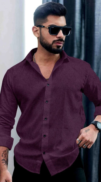 Mayawye Men's Casual PollyCotton Self-design Full Sleeve Collar Shirt (Wine)