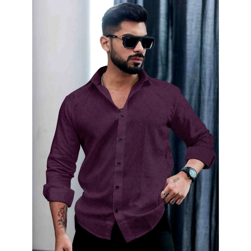 Mayawye Men's Casual PollyCotton Self-design Full Sleeve Collar Shirt (Wine)