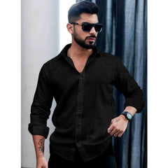 Mayawye Men's Casual PollyCotton Textured Full Sleeve Collar Shirt (Black)