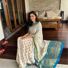 Mayawye Women's Silk Blend Woven Kanjivaram Saree With Unstitched Blouse (5.5Mtr, White Rama)