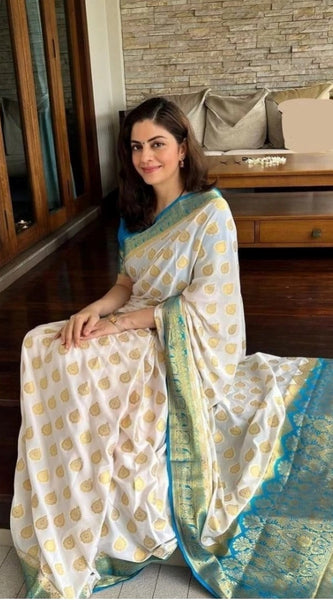 Mayawye Women's Silk Blend Woven Kanjivaram Saree With Unstitched Blouse (5.5Mtr, White Rama)