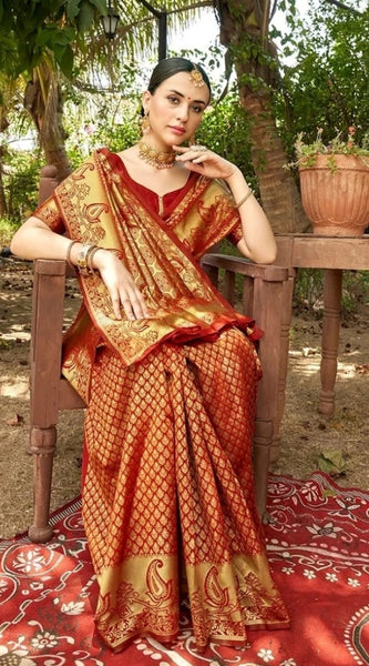 Mayawye Women's Silk Woven Kanjivaram Saree With Unstitched Blouse (5.5Mtr, Red)