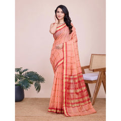 Mayawye Women's Cotton Silk Checkered Kota Doria Saree With Unstitched Blouse (5.5Mtr, Peach)