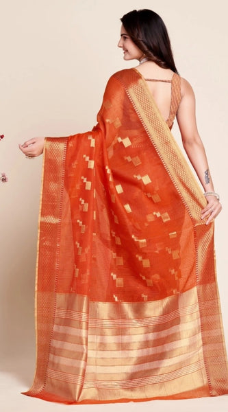 Mayawye Women's Silk Blend Printed Banarasi Saree With Unstitched Blouse (5.5Mtr, Red)