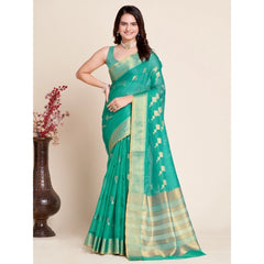 Mayawye Women's Silk Blend Printed Banarasi Saree With Unstitched Blouse (5.5Mtr, Rama Green)