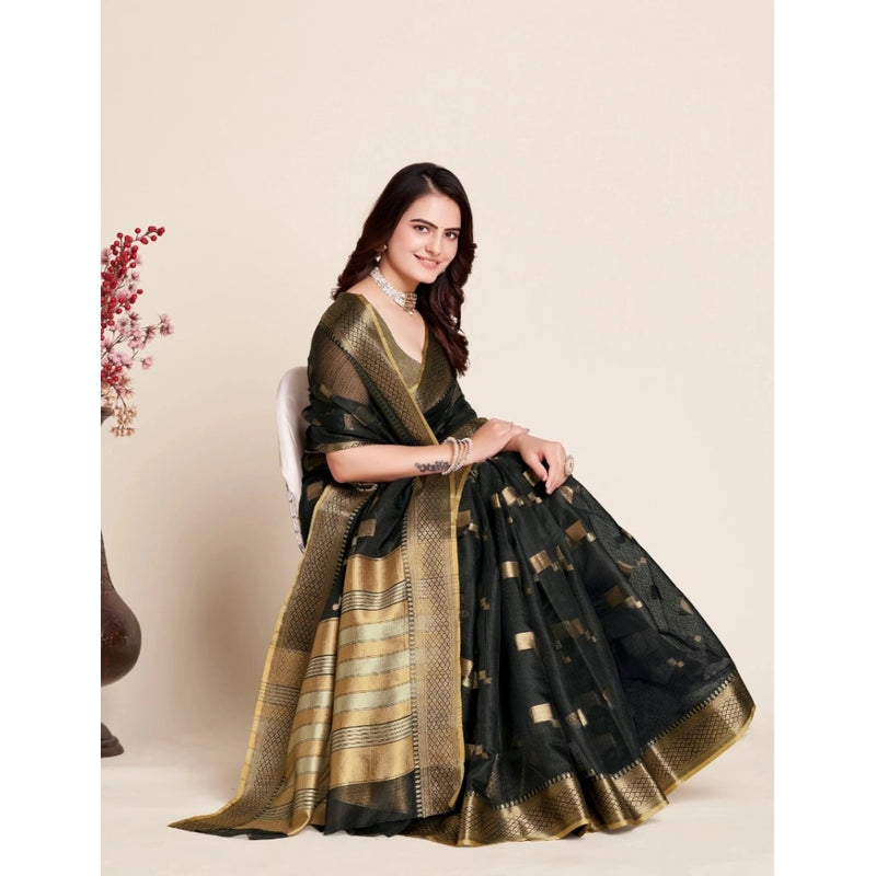 Mayawye Women's Silk Blend Printed Banarasi Saree With Unstitched Blouse (5.5Mtr, Black)
