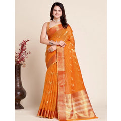Mayawye Women's Silk Blend Printed Banarasi Saree With Unstitched Blouse (5.5Mtr, Orange)