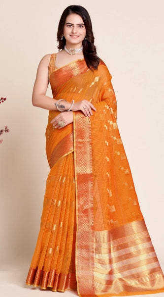 Mayawye Women's Silk Blend Printed Banarasi Saree With Unstitched Blouse (5.5Mtr, Orange)
