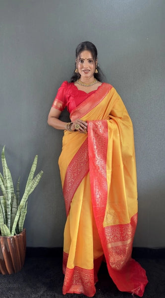 Mayawye Women's Silk Blend Woven Kanjivaram Saree With Unstitched Blouse (5.5Mtr, Yellow Red)