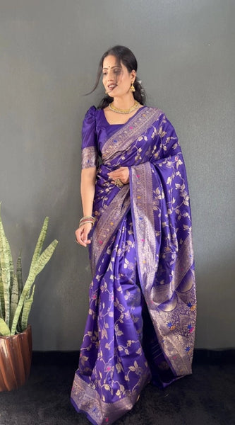 Mayawye Women's Silk Blend Woven Kanjivaram Saree With Unstitched Blouse (5.5Mtr, Purple)