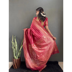 Mayawye Women's Silk Blend Woven Kanjivaram Saree With Unstitched Blouse (5.5Mtr, Pink)