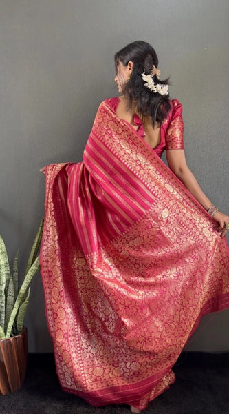 Mayawye Women's Silk Blend Woven Kanjivaram Saree With Unstitched Blouse (5.5Mtr, Pink)