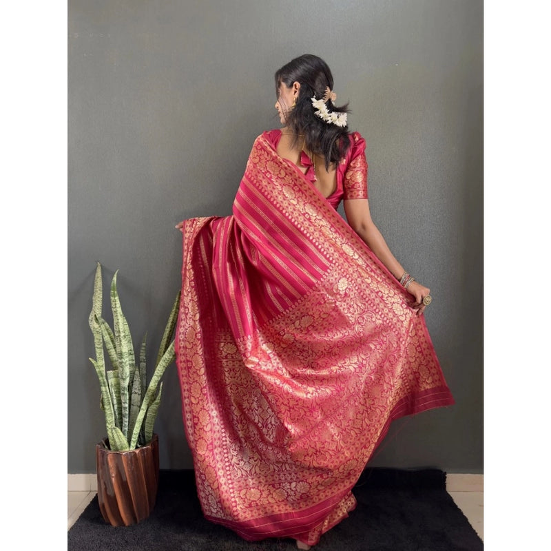 Mayawye Women's Silk Blend Woven Kanjivaram Saree With Unstitched Blouse (5.5Mtr, Pink)