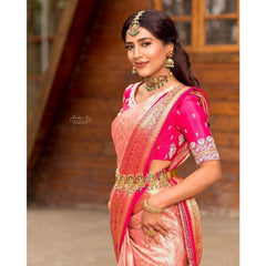 Mayawye Women's Silk Blend Self Design Banarasi Saree With Unstitched Blouse (5.5Mtr, Peach)