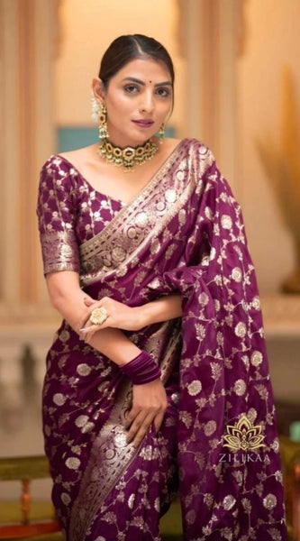 Mayawye Women's Silk Woven Kanjivaram Saree With Unstitched Blouse (5.5Mtr, Dark Purple)