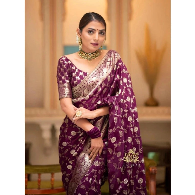 Mayawye Women's Silk Woven Kanjivaram Saree With Unstitched Blouse (5.5Mtr, Dark Purple)