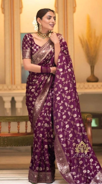 Mayawye Women's Silk Woven Kanjivaram Saree With Unstitched Blouse (5.5Mtr, Dark Purple)