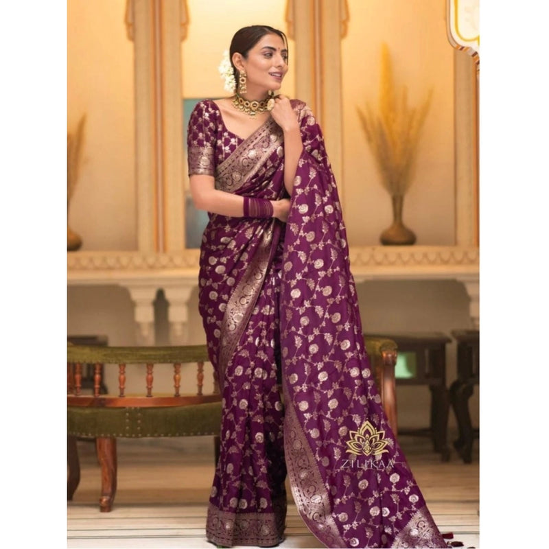 Mayawye Women's Silk Woven Kanjivaram Saree With Unstitched Blouse (5.5Mtr, Dark Purple)