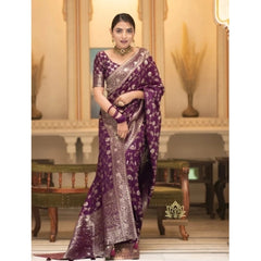 Mayawye Women's Silk Woven Kanjivaram Saree With Unstitched Blouse (5.5Mtr, Dark Purple)
