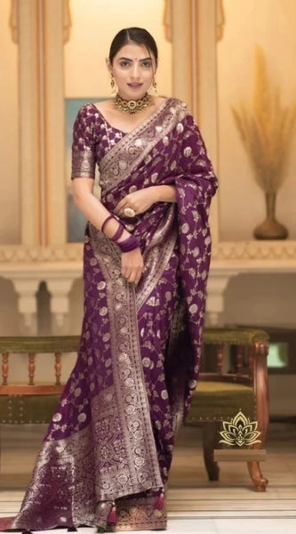 Mayawye Women's Silk Woven Kanjivaram Saree With Unstitched Blouse (5.5Mtr, Dark Purple)