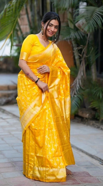 Mayawye Women's Silk Blend Self Design Banarasi Saree With Unstitched Blouse (5.5Mtr, Yellow)