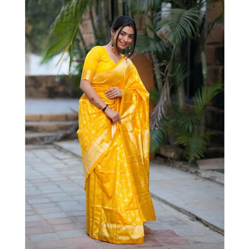 Mayawye Women's Silk Blend Self Design Banarasi Saree With Unstitched Blouse (5.5Mtr, Yellow)