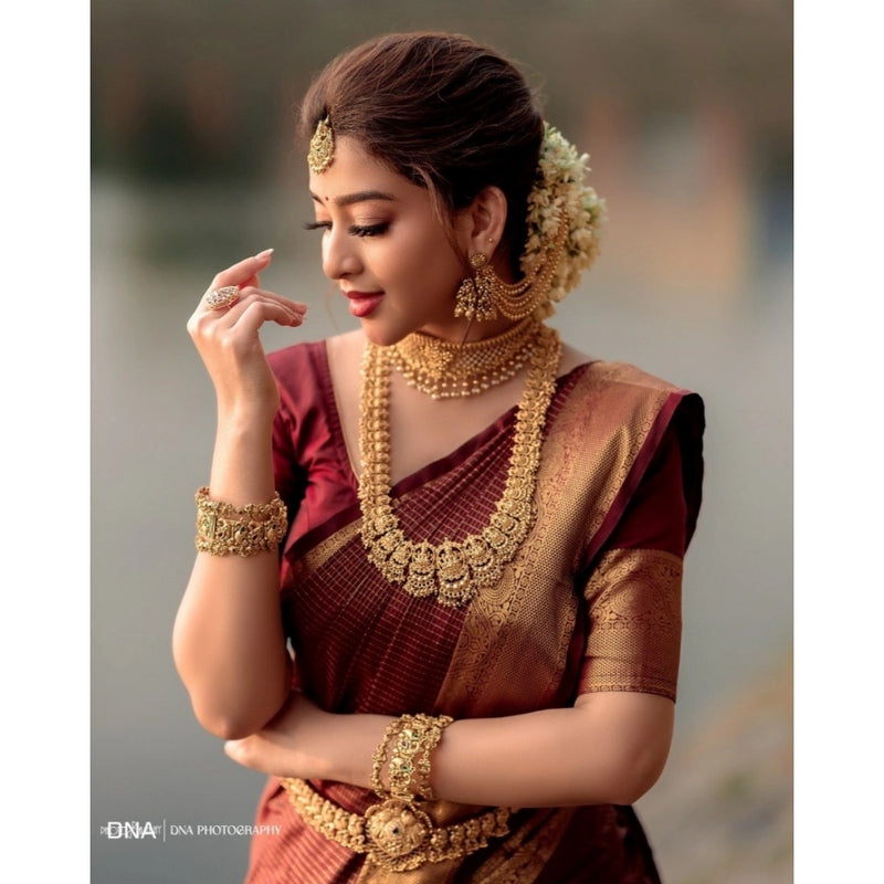 Mayawye Women's Silk Woven Kanjivaram Saree With Unstitched Blouse (5.5Mtr, Maroon)