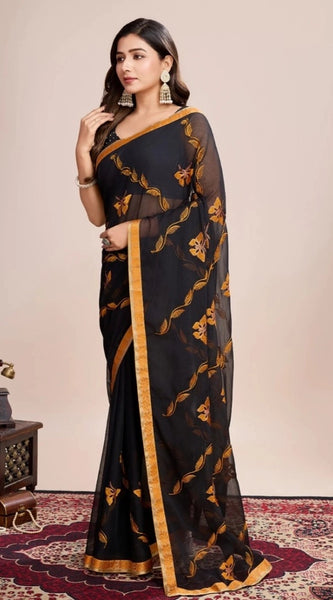 Mayawye Women's Georgette Printed  Saree With Unstitched Blouse (5.5Mtr, Orange)