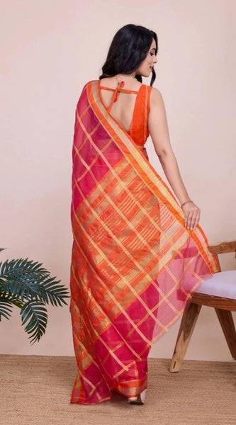 Mayawye Women's Cotton Silk Checkered Kota Doria Saree With Unstitched Blouse (5.5Mtr, Red)