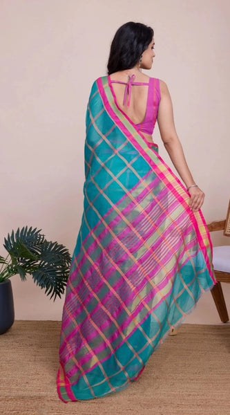 Mayawye Women's Cotton Silk Checkered Kota Doria Saree With Unstitched Blouse (5.5Mtr, Rama)