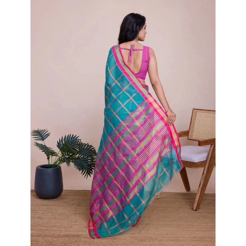 Mayawye Women's Cotton Silk Checkered Kota Doria Saree With Unstitched Blouse (5.5Mtr, Rama)