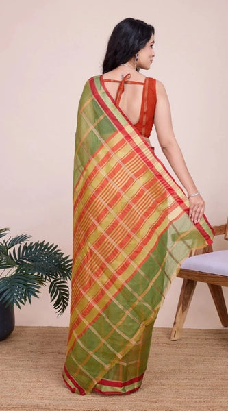 Mayawye Women's Cotton Silk Checkered Kota Doria Saree With Unstitched Blouse (5.5Mtr, Mehendi)