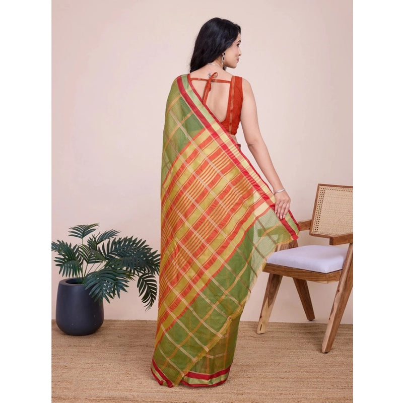 Mayawye Women's Cotton Silk Checkered Kota Doria Saree With Unstitched Blouse (5.5Mtr, Mehendi)
