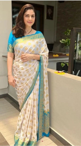 Mayawye Women's Silk Blend Woven Kanjivaram Saree With Unstitched Blouse (5.5Mtr, White Rama)