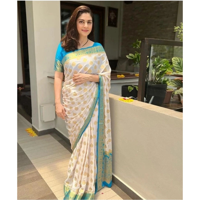 Mayawye Women's Silk Blend Woven Kanjivaram Saree With Unstitched Blouse (5.5Mtr, White Rama)