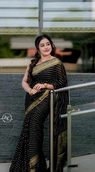 Mayawye Women's Silk Woven Kanjivaram Saree With Unstitched Blouse (5.5Mtr, Black)