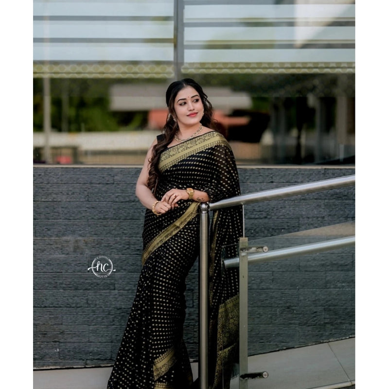 Mayawye Women's Silk Woven Kanjivaram Saree With Unstitched Blouse (5.5Mtr, Black)