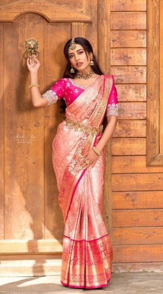 Mayawye Women's Silk Blend Self Design Banarasi Saree With Unstitched Blouse (5.5Mtr, Peach)
