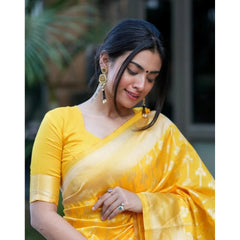 Mayawye Women's Silk Blend Self Design Banarasi Saree With Unstitched Blouse (5.5Mtr, Yellow)