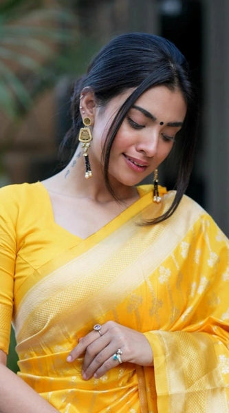 Mayawye Women's Silk Blend Self Design Banarasi Saree With Unstitched Blouse (5.5Mtr, Yellow)