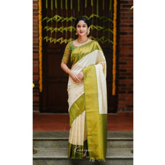 Mayawye Women's Silk Blend Self Design Banarasi Saree With Unstitched Blouse (5.5Mtr, White Green)