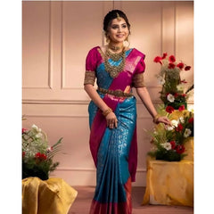 Mayawye Women's Silk Blend Self Design Banarasi Saree With Unstitched Blouse (5.5Mtr, Sky Blue)